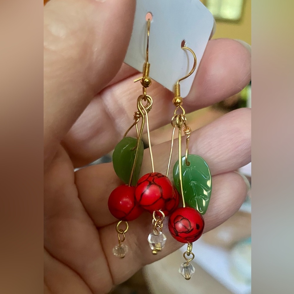 Sweet Red Cherries Hand Crafted Earrings - Picture 3 of 6